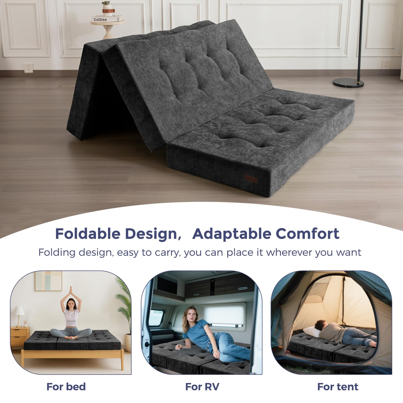 6" Folding Sofa Bed for Floor, Tufted Tri-Fold Floor Mattress with Chenille F...