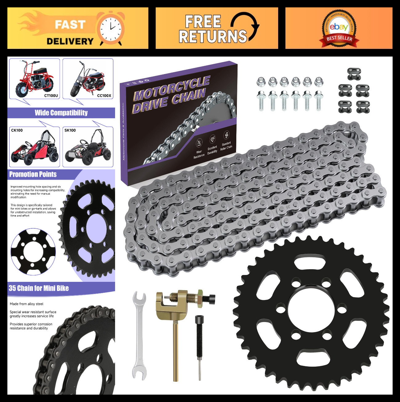 35 Chain Mini Bike Rear Sprocket 40T for Coleman, Baja, Motovox, Predator 79-100