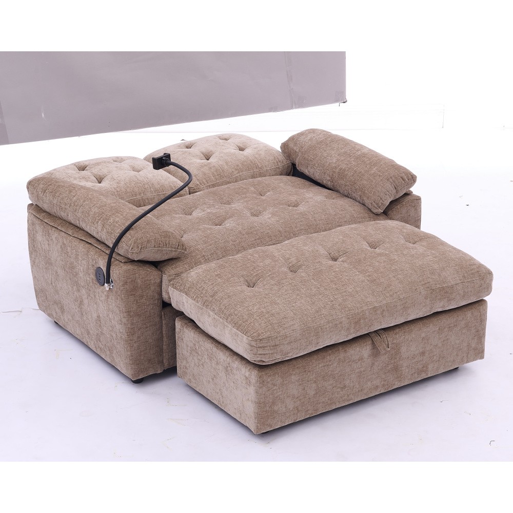 Double Sofa Recliner w/ Adjustable Backrest, USB Port, Ottoman - Brown