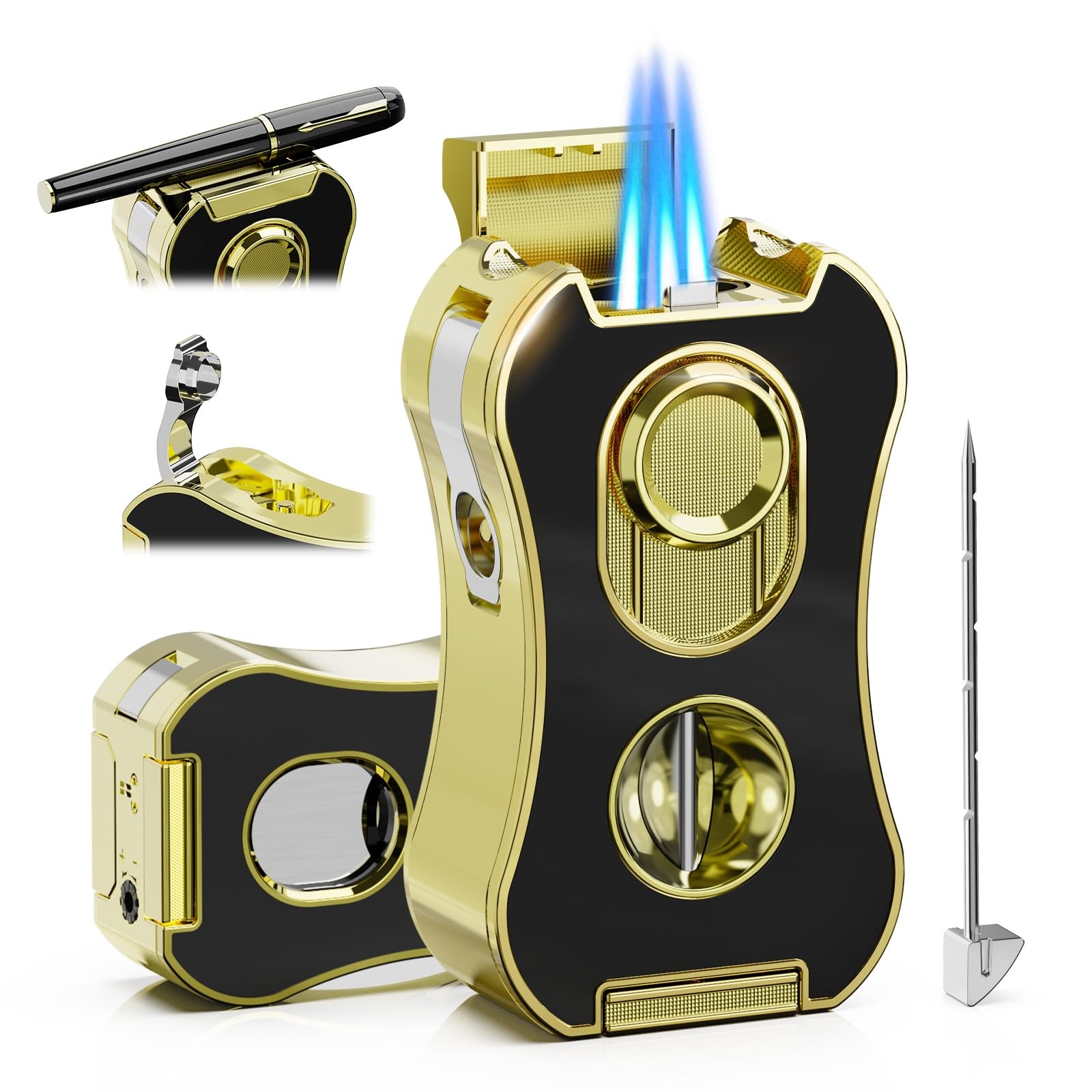 6-in-1 Quad Torch Lighter with Holder, V & Straight Father's Day Gift for Dad