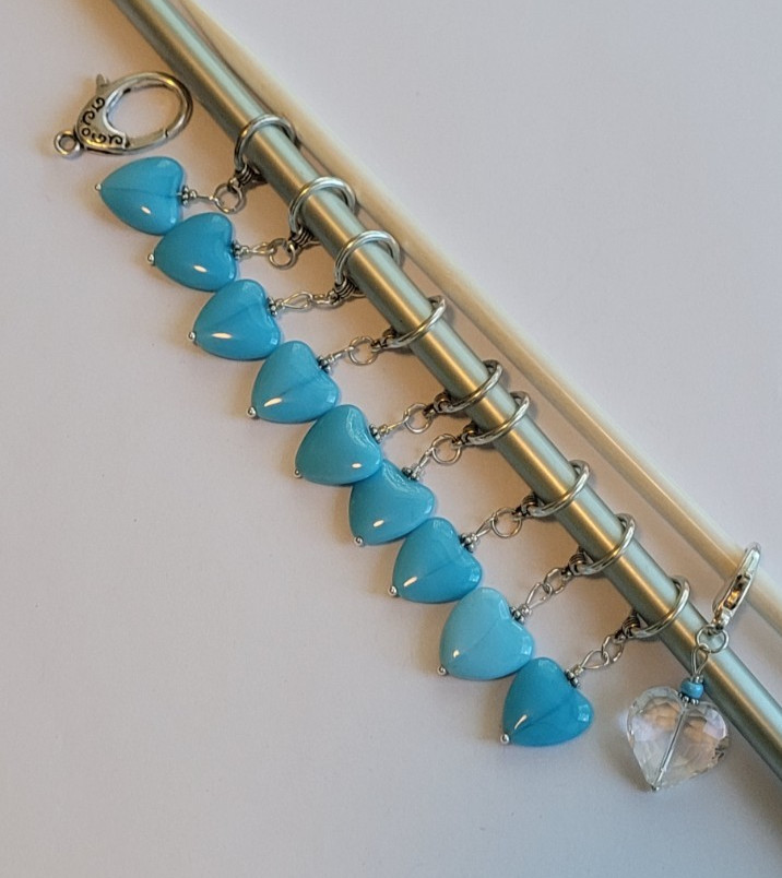 Handmade Knitting Stitch Markers (set of 9)Clear Glass Heart Lead w/Blue Hearts