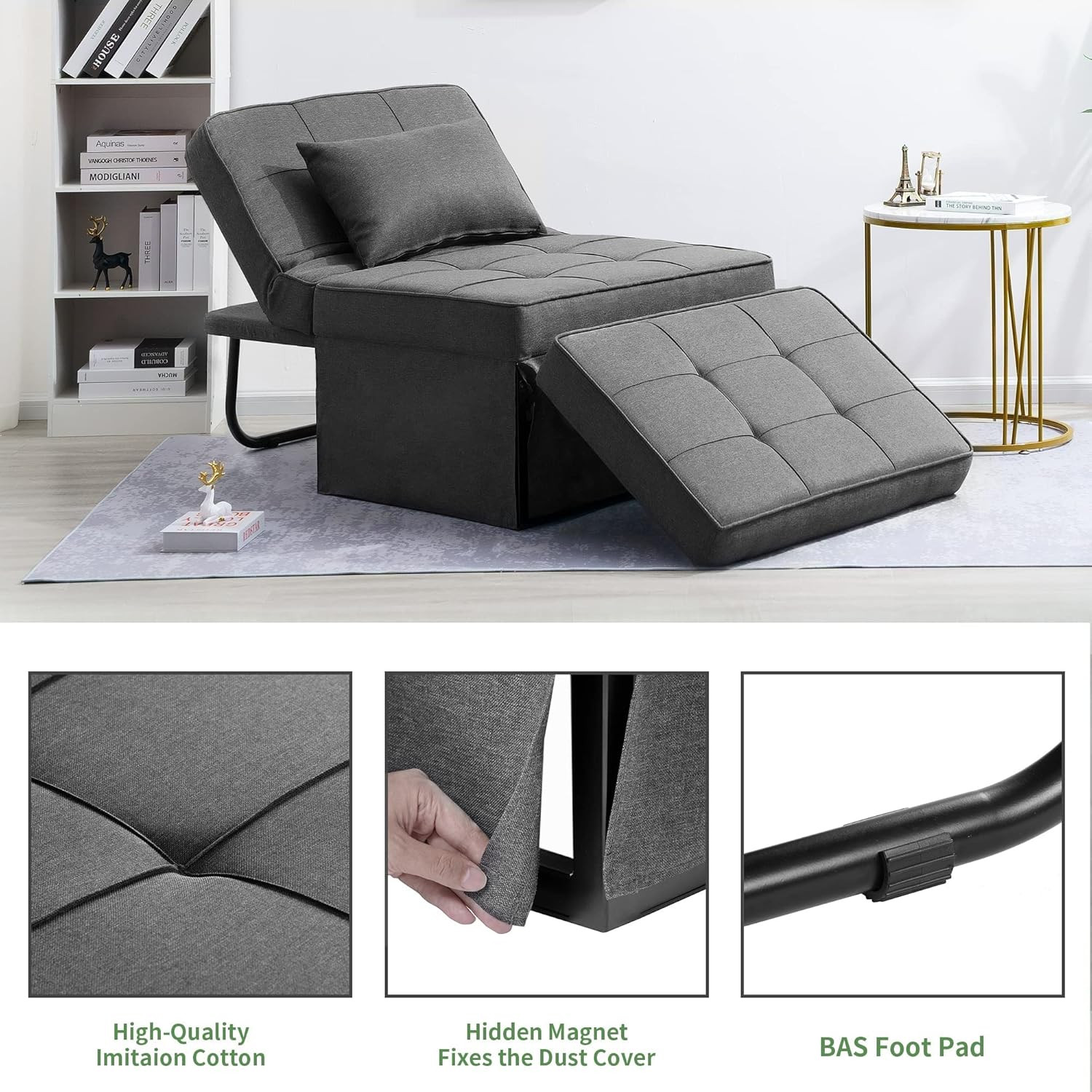 BIGSYY Sofa Bed, 4 in 1 Multi-Function Folding Ottoman Breathable Linen Couch Be