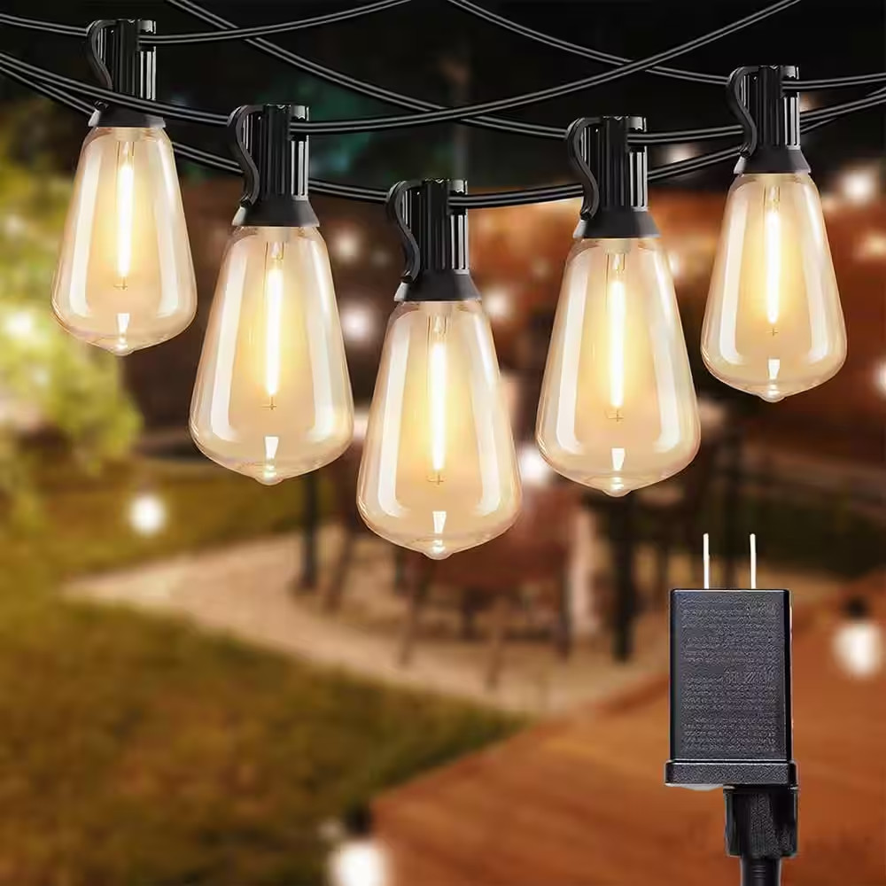 26 Light 50 Ft. Black Outdoor Dimmable Hardwired Patio String Light with Edison