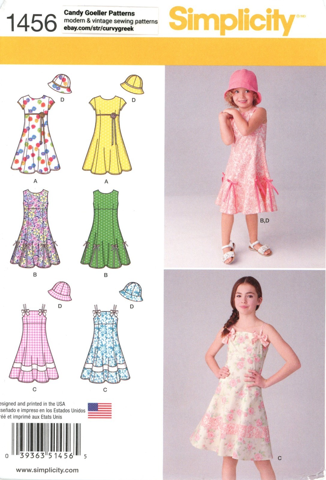 Simplicity 1456 Flared Empire Dress w Spaghetti Straps, Bucket Hat Sz 3-6 UNCUT