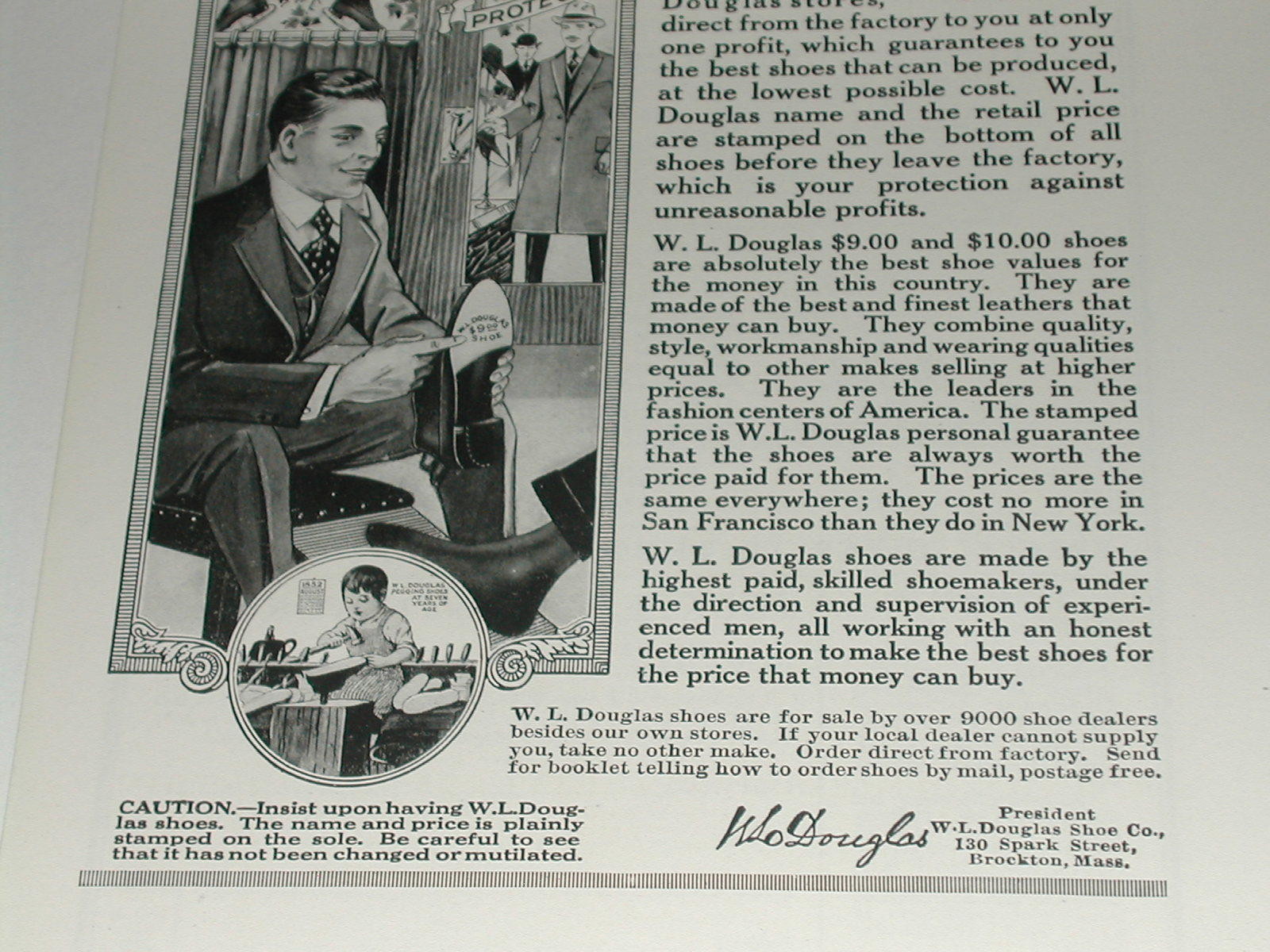 1920 W. L. Douglas Shoes advertisement, Shoemaker, shoe company shoe maker