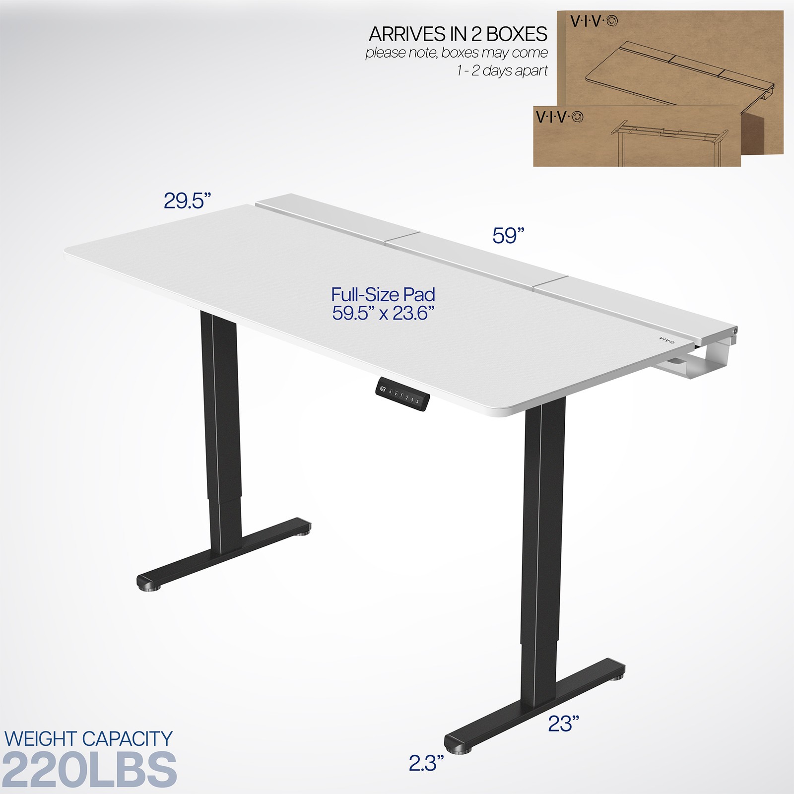 VIVO Electric 60" x 30" Desk, Full Pad, White Hidden Cable Tabletop, Black Frame