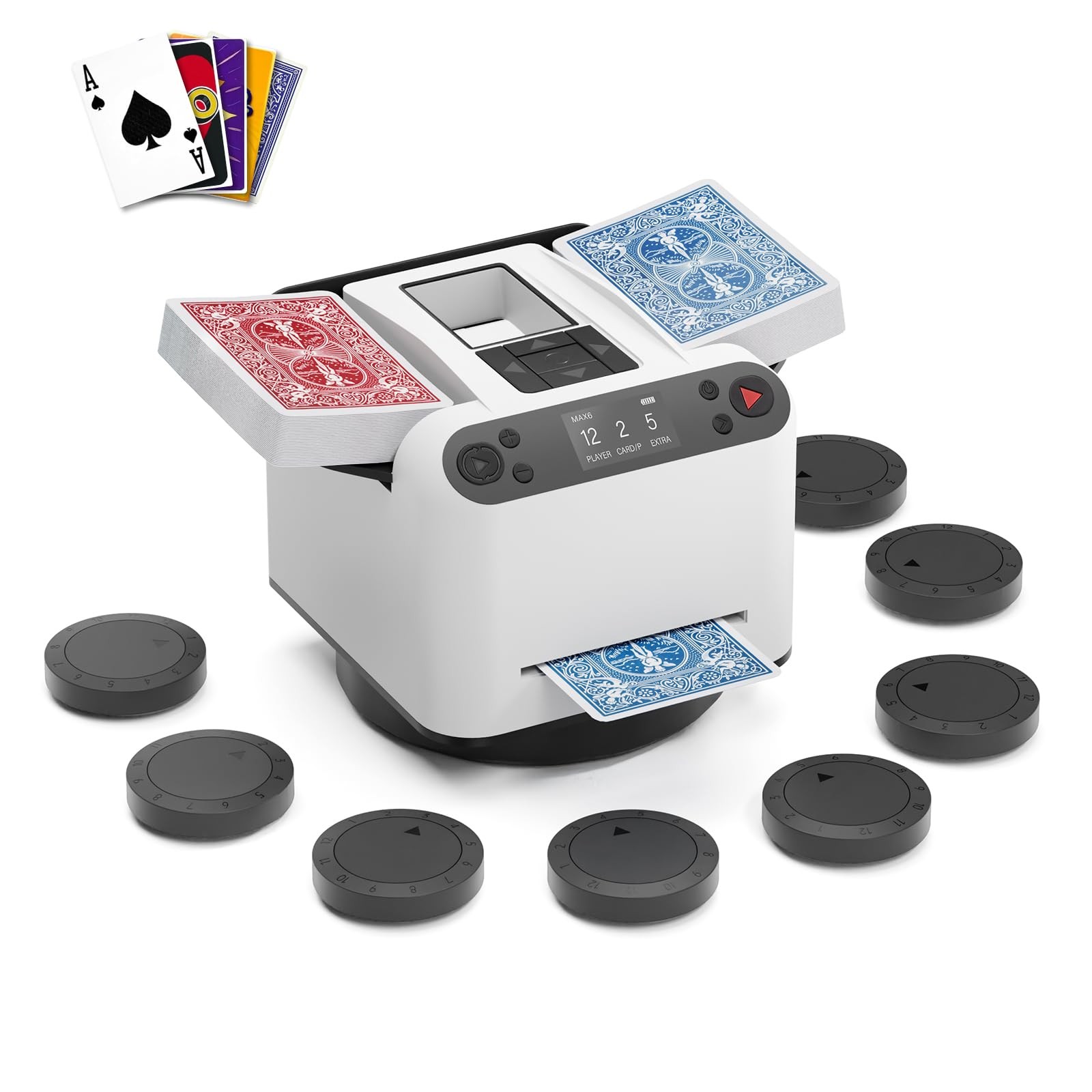 2-in-1 Automatic Card Shuffler Dealer Machine 180°/360° Rotating 8 Remotes White