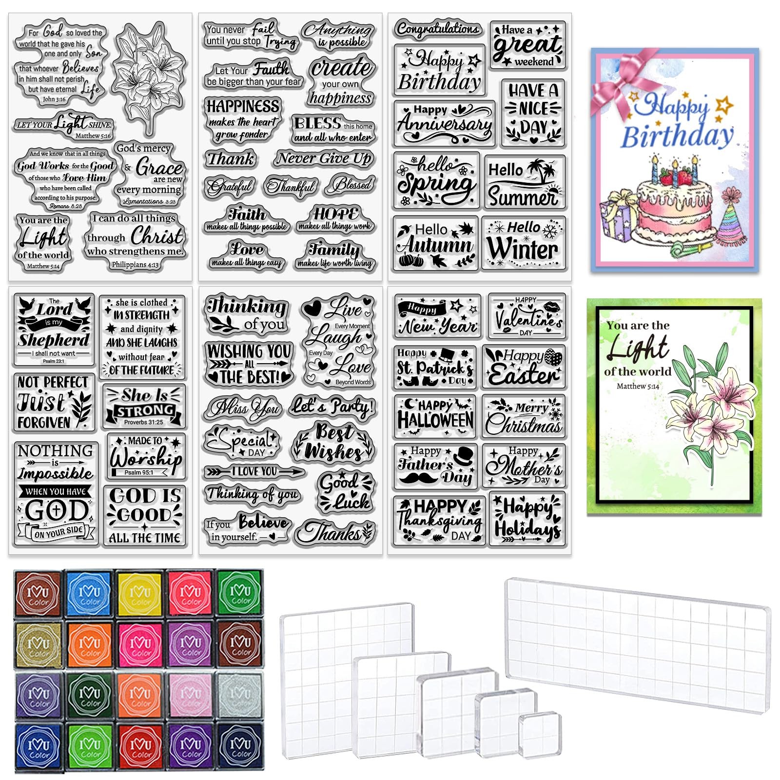 Greeting Words Clear Stamps for Card Making Includes 20 Ink Pad 6 Acrylic Stamp