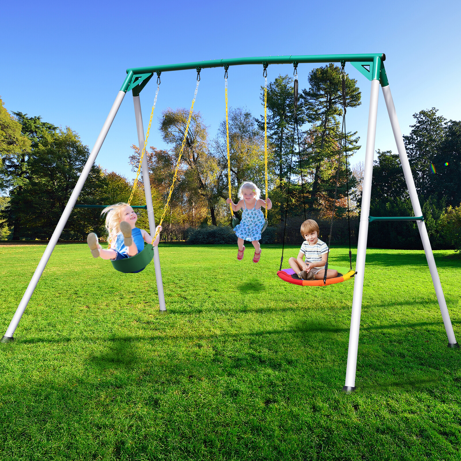 700LBs Heavy Duty A-Frame Metal Swing Set with 3 Swings Kids Adult Backyard Play
