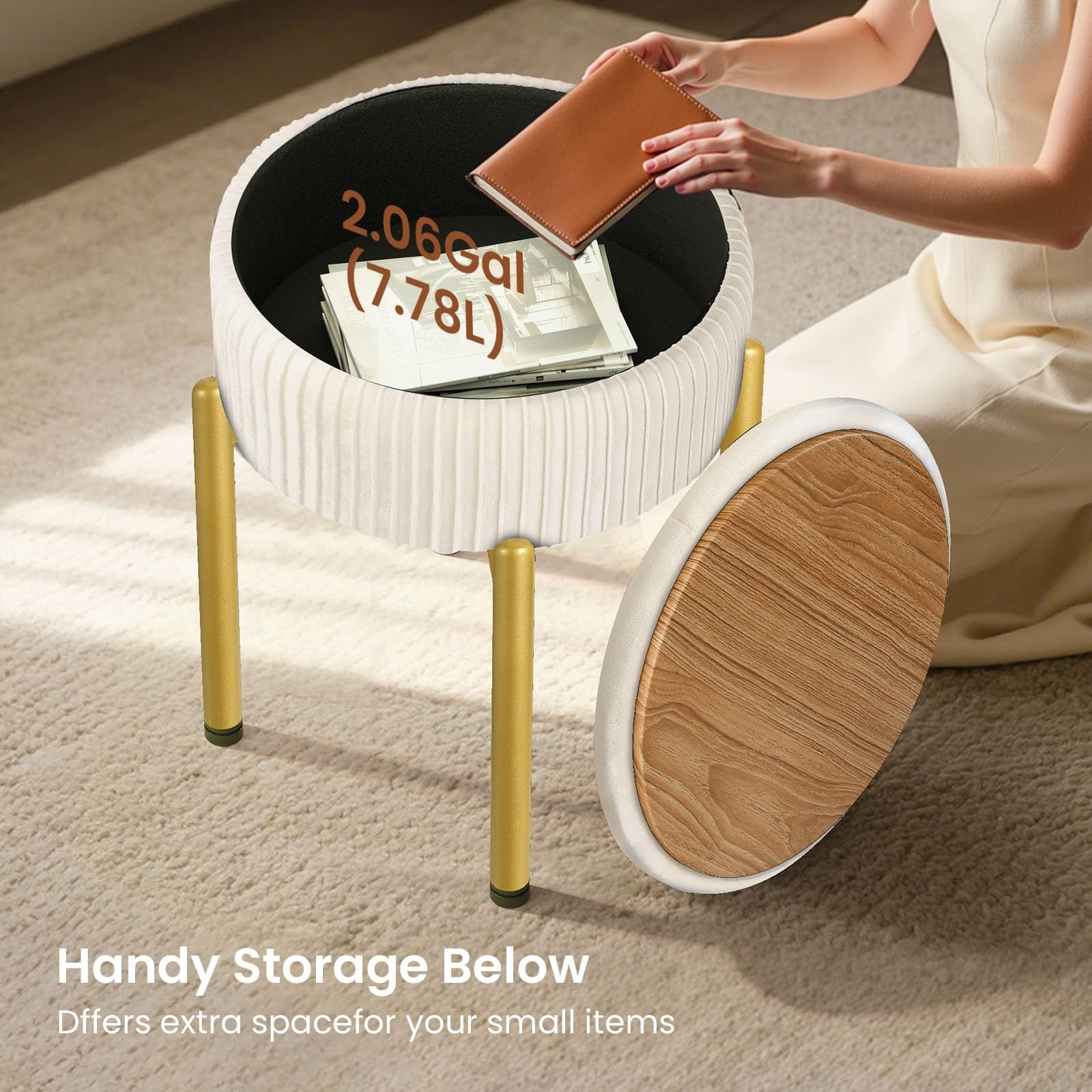 18-Inch Velvet Vanity Stool Chair with Storage, Vanity Bench with 4 Golden Me...