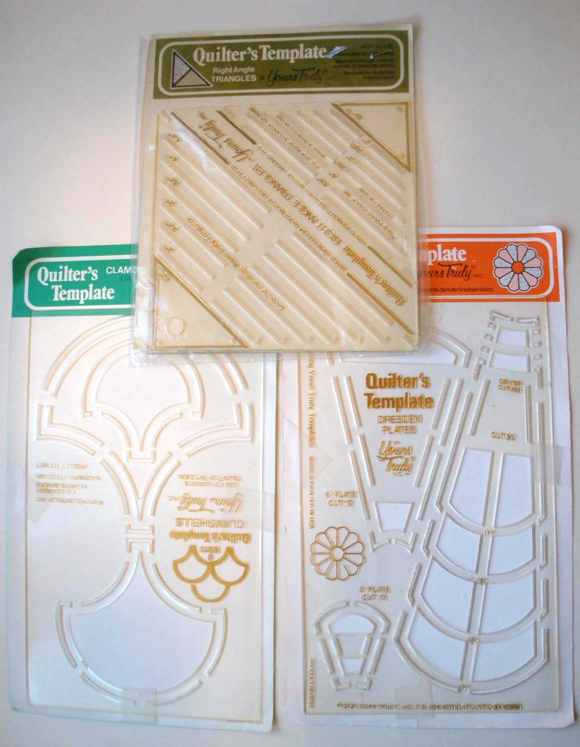3 New VTG Quilters Templates Yours Truly  Clamshells Right Angle Dresden Plates