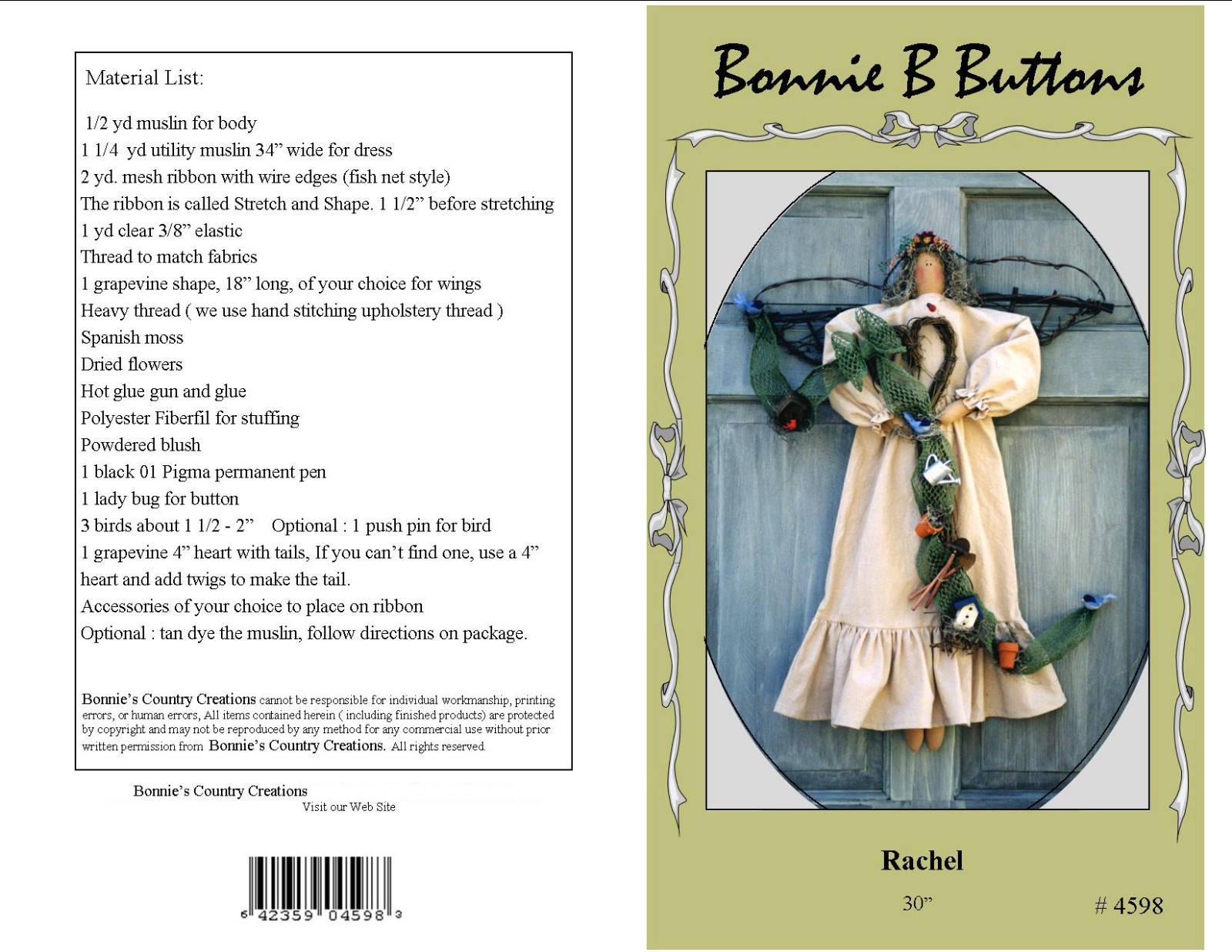 New Bonnie B Buttons Original Patterns # 4598 Rachel 30" Garden Angel make her