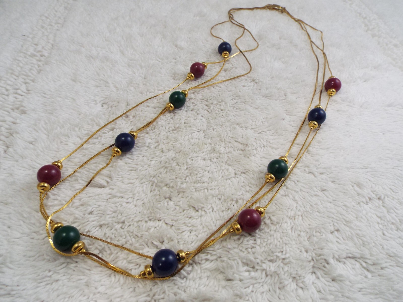 Blue Burgundy Green Bead Multi Goldtone Chain Necklace (A14)