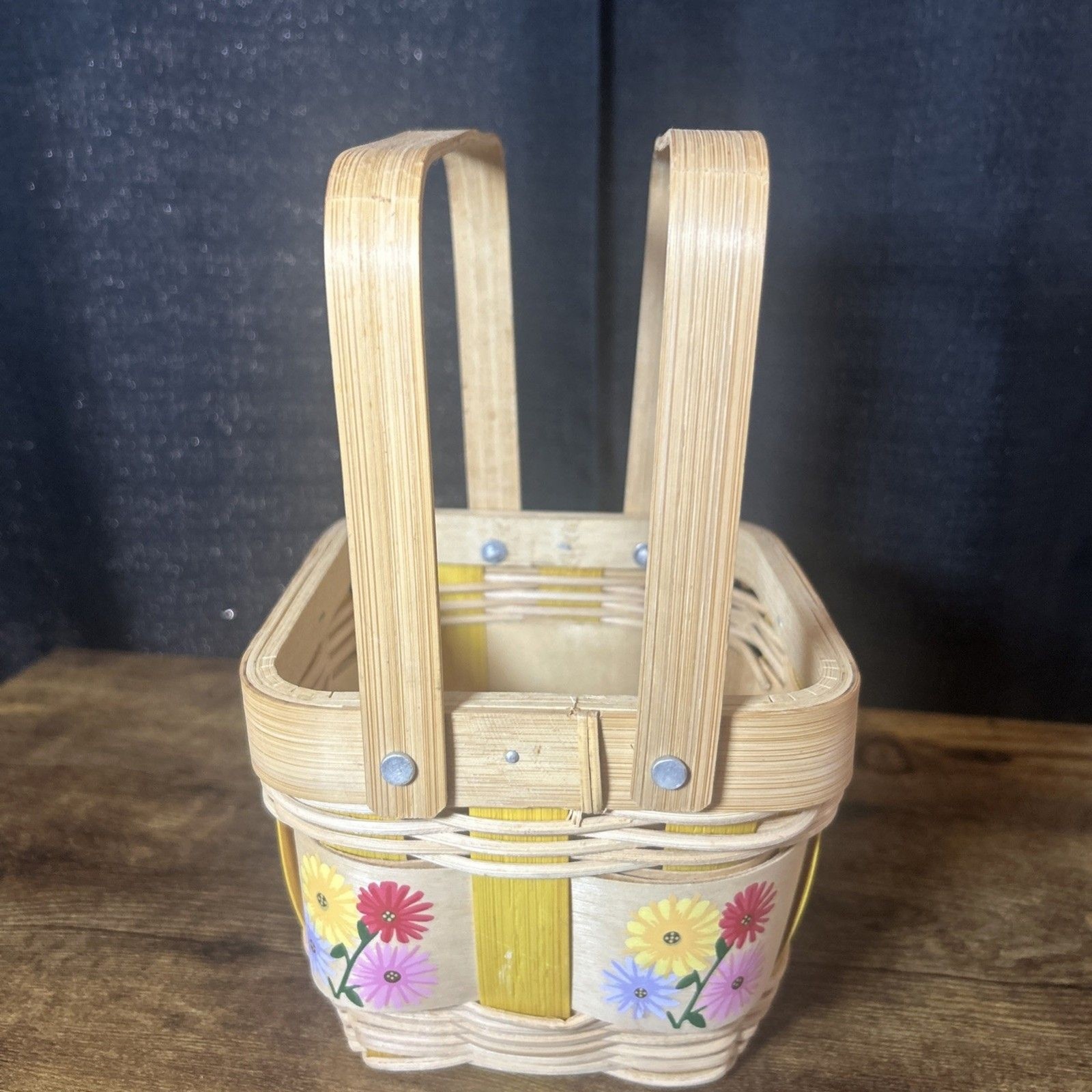 Painted Basket Double Hinge Handles Split Light Color Wood Floral Easter Spring