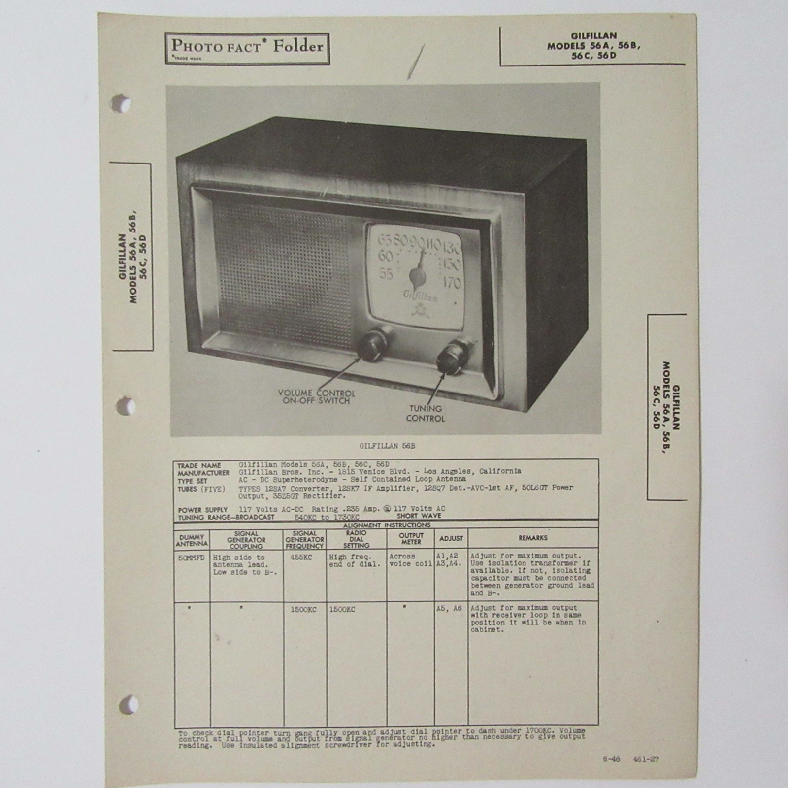 Gilfillan Models 56A 56B 56C 56D AM Table Top Radio SAMS Photofact ™ 1946