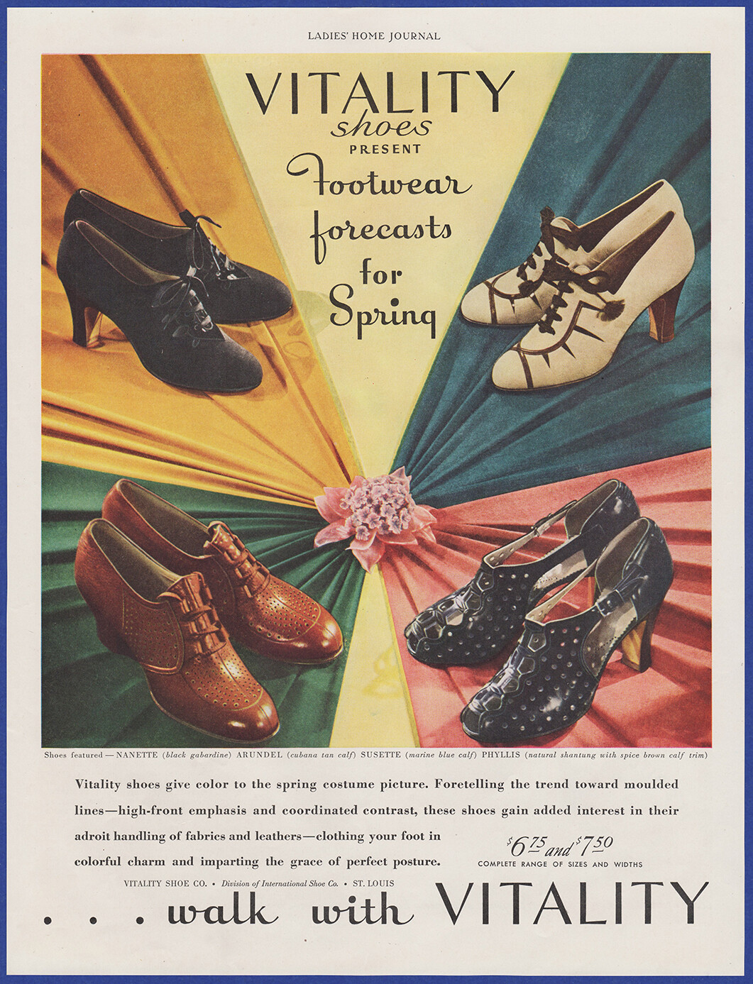 Vintage 1938 VITALITY Shoes Women's Fashion Nanette Arundel Susette 30s Print Ad