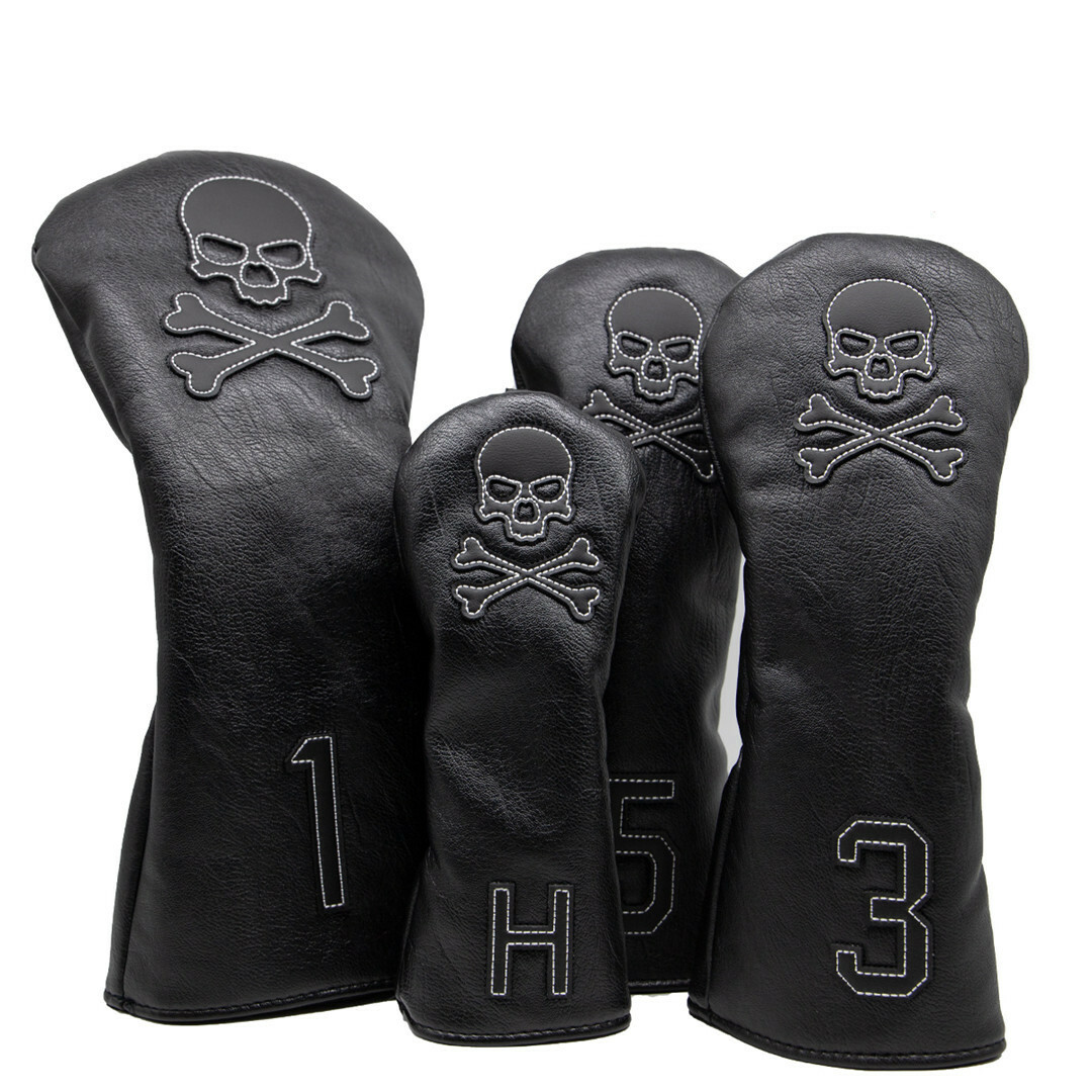 Black Golf Wood Head Cover Driver 3/ 5 Fairway Wood Cover Hybrid Headcover Skull