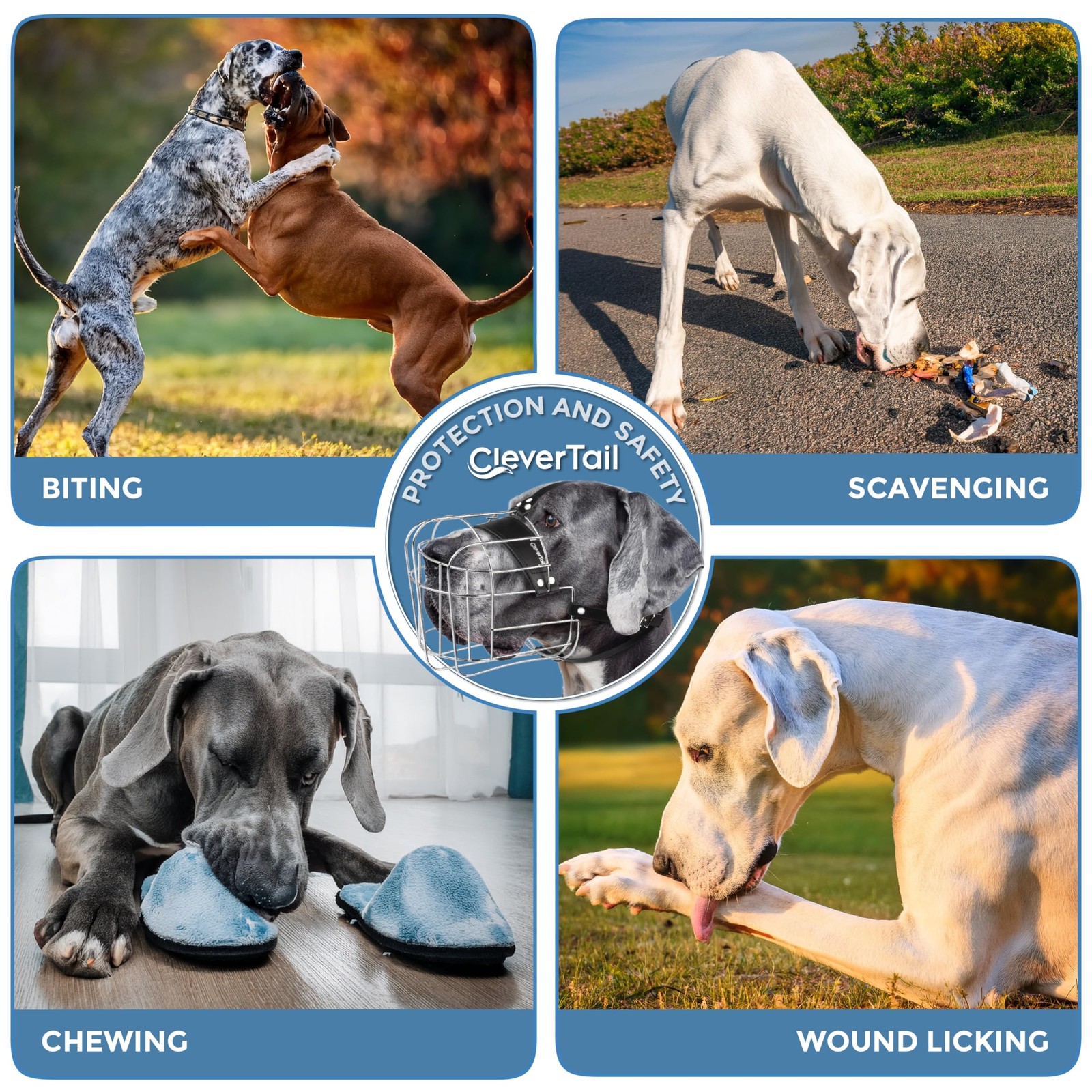 CleverTail Extra Large Dog Muzzle for Large, Silver & Black Straps