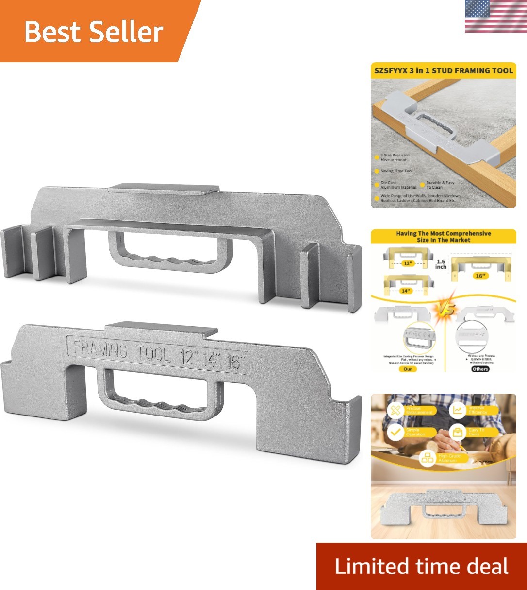 Professional-Grade 3-in-1 Stud Layout Tool - 100% Lightweight Aluminum Design