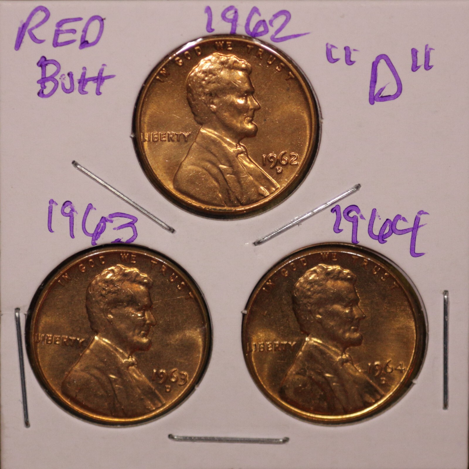 1962 D , 1963 D  & 1964 D LINCOLN MEMORIAL CENT PENNIES 1C RED BU SET (3 COINS)