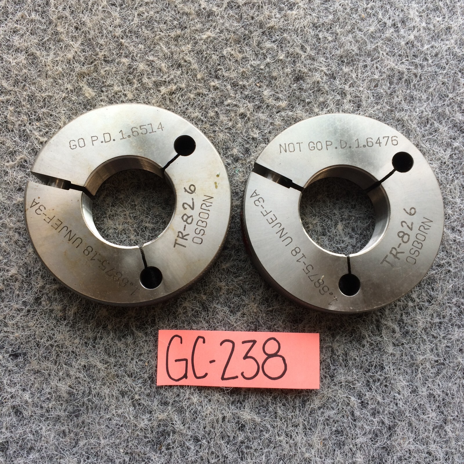 1 11/16 18 UNJEF 3A THREAD RING GAGES 1.6875 GO NO GO P.D.'S = 1.6514 & 1.6476
