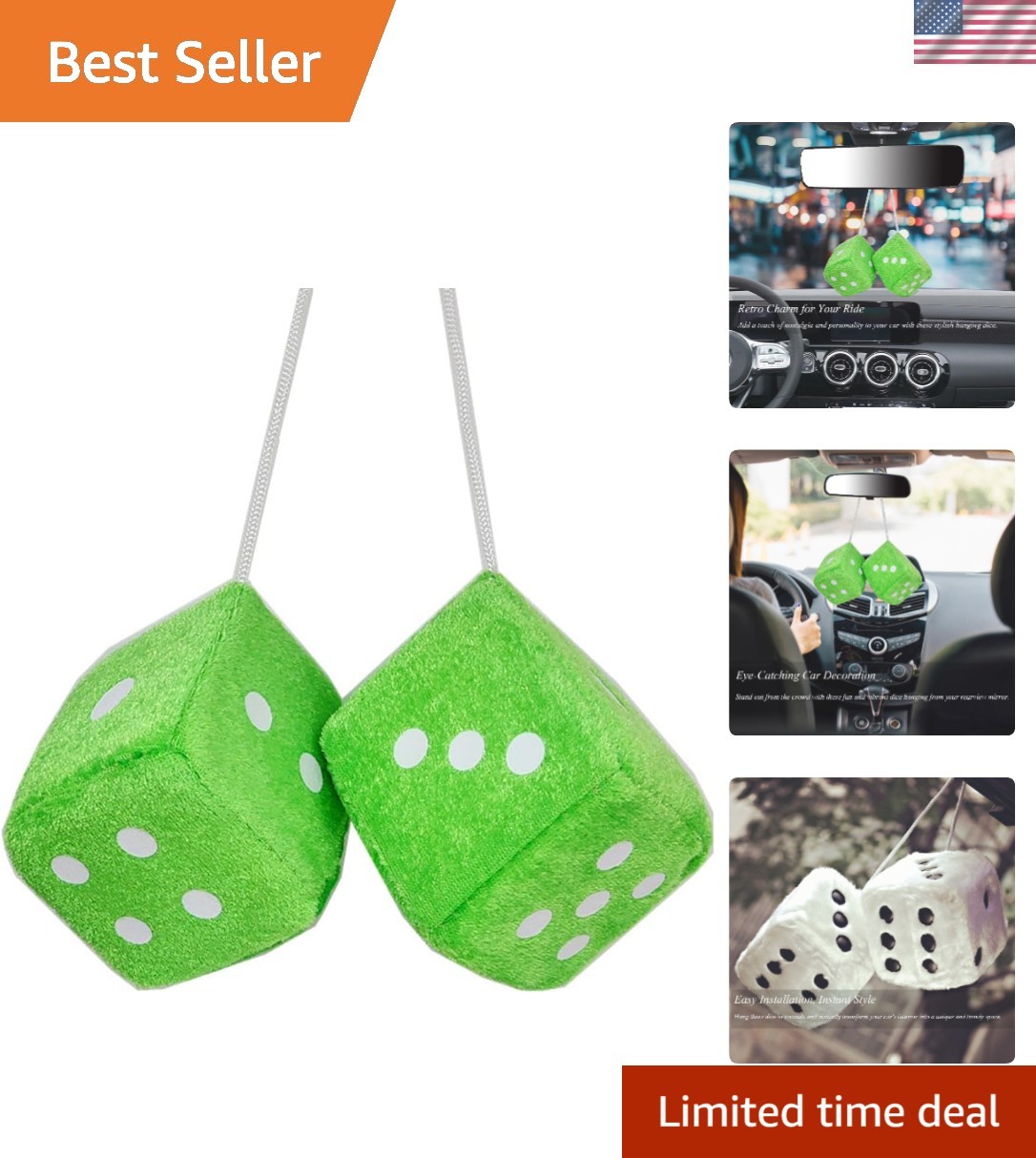 Green Retro Fuzzy Dice - Stylish Hanging Car Mirror Decoration Set of 2