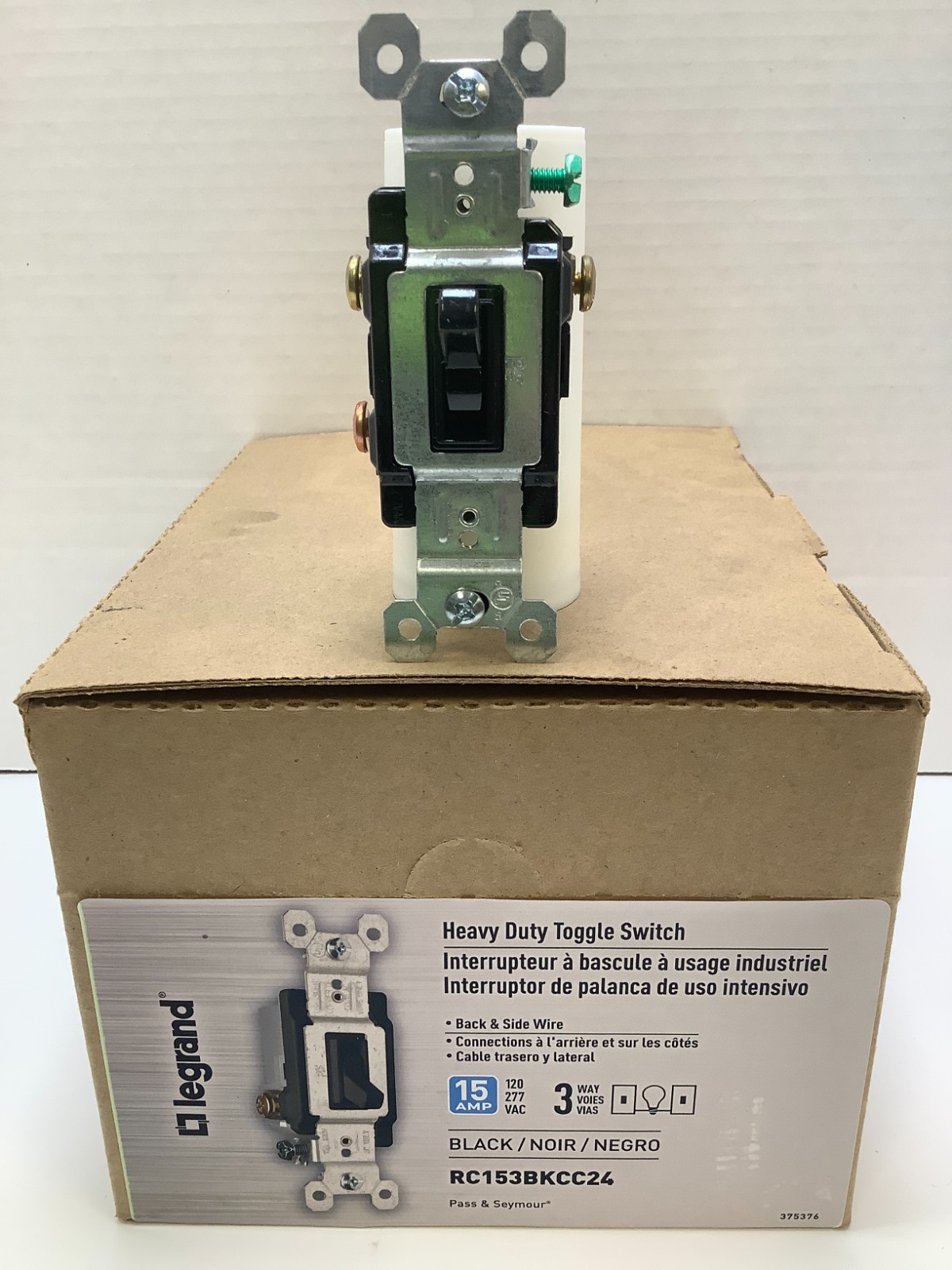 Legrand RC153BKCC24 Heavy Duty 3 Way Switch, 15A, 120/277VAC, Black, Case of 24