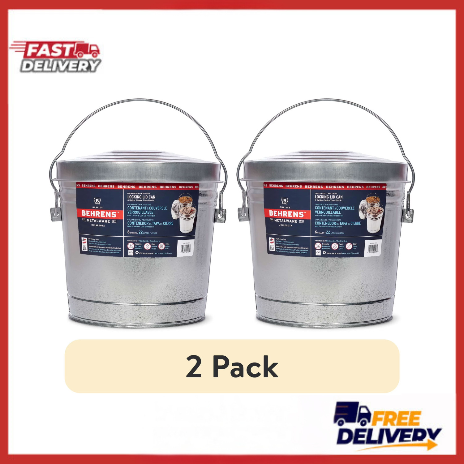 2 Pack Behrens 6 Gallon Galvanized Steel Storage Can Locking Lid Rust Resistant