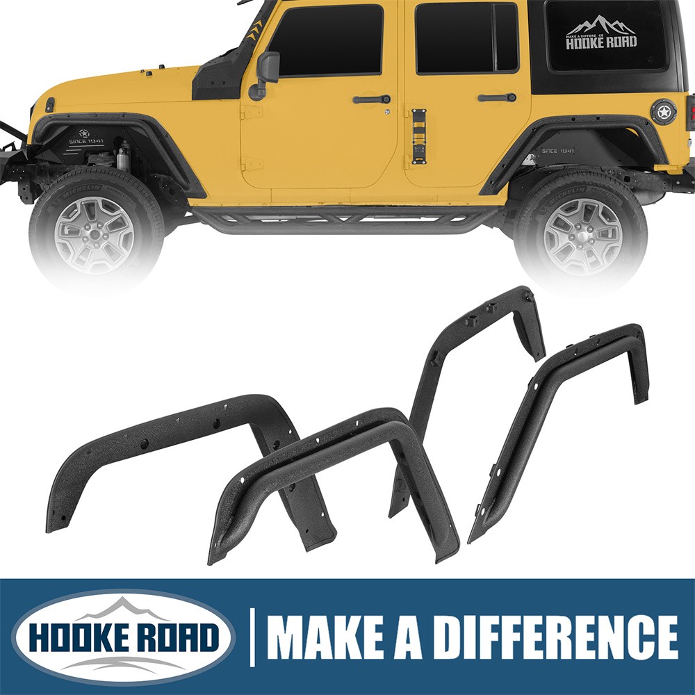 Hooke Road Front & Rear Compact Tube Fender Flares Fit 07-18 Jeep Wrangler JK