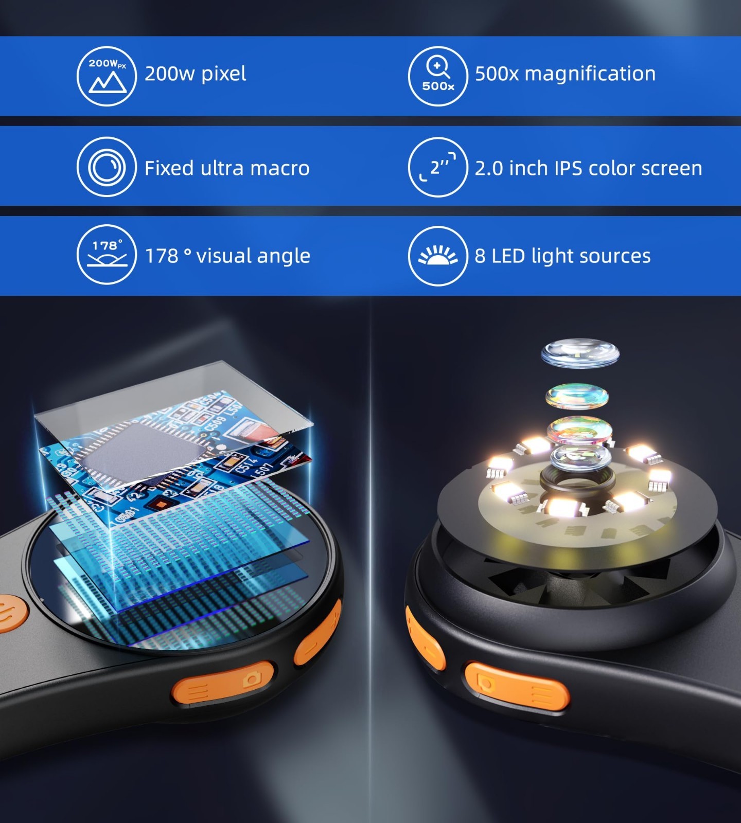 Portable USB Digital Microscope with Light, 500x Magnification, 2.0" IPS Screen