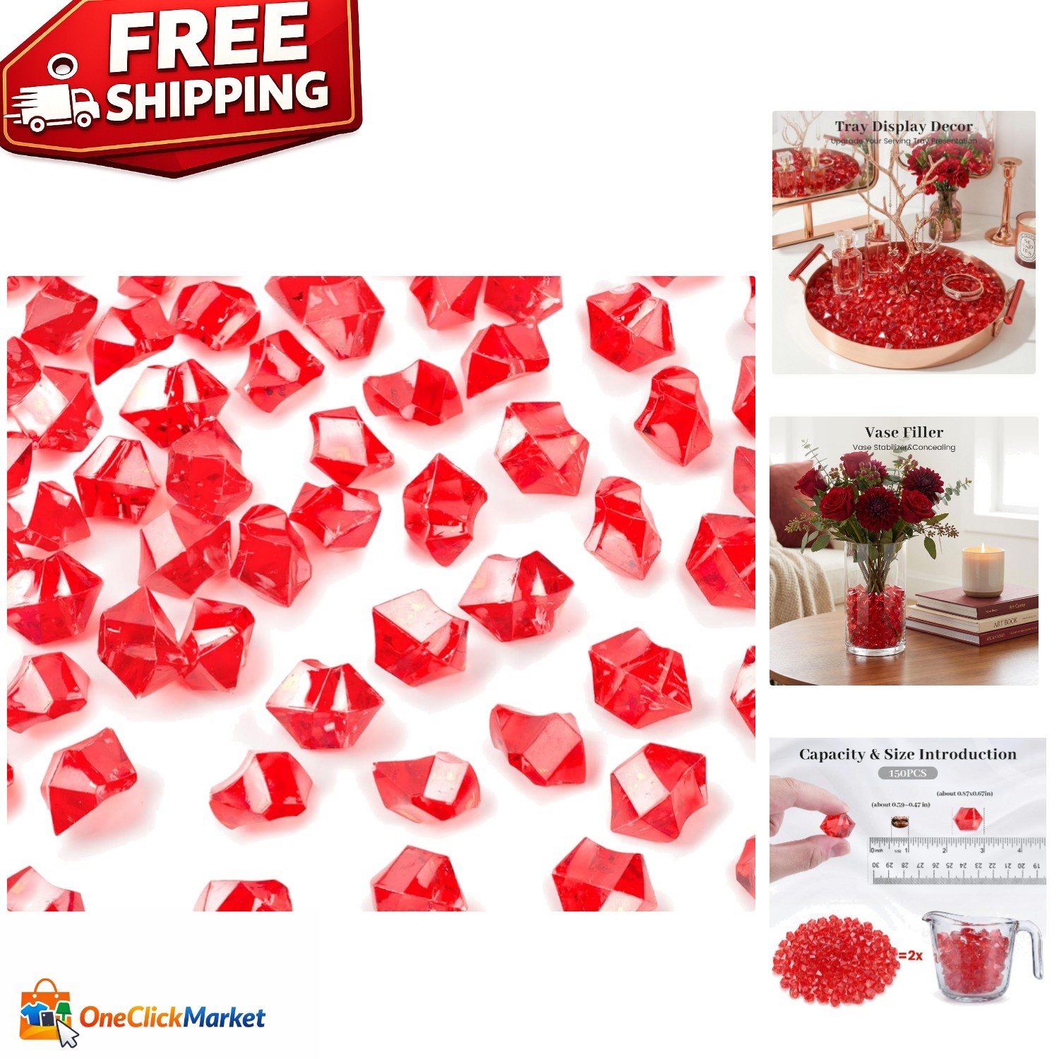 Red Acrylic Gems - 150PCS Decorative Crystals for Weddings & Parties