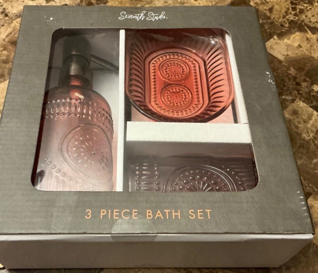Glass Bath Decor Set 3 pc (dish,cup &lotion pump) Seventh Studio Medallion Rust