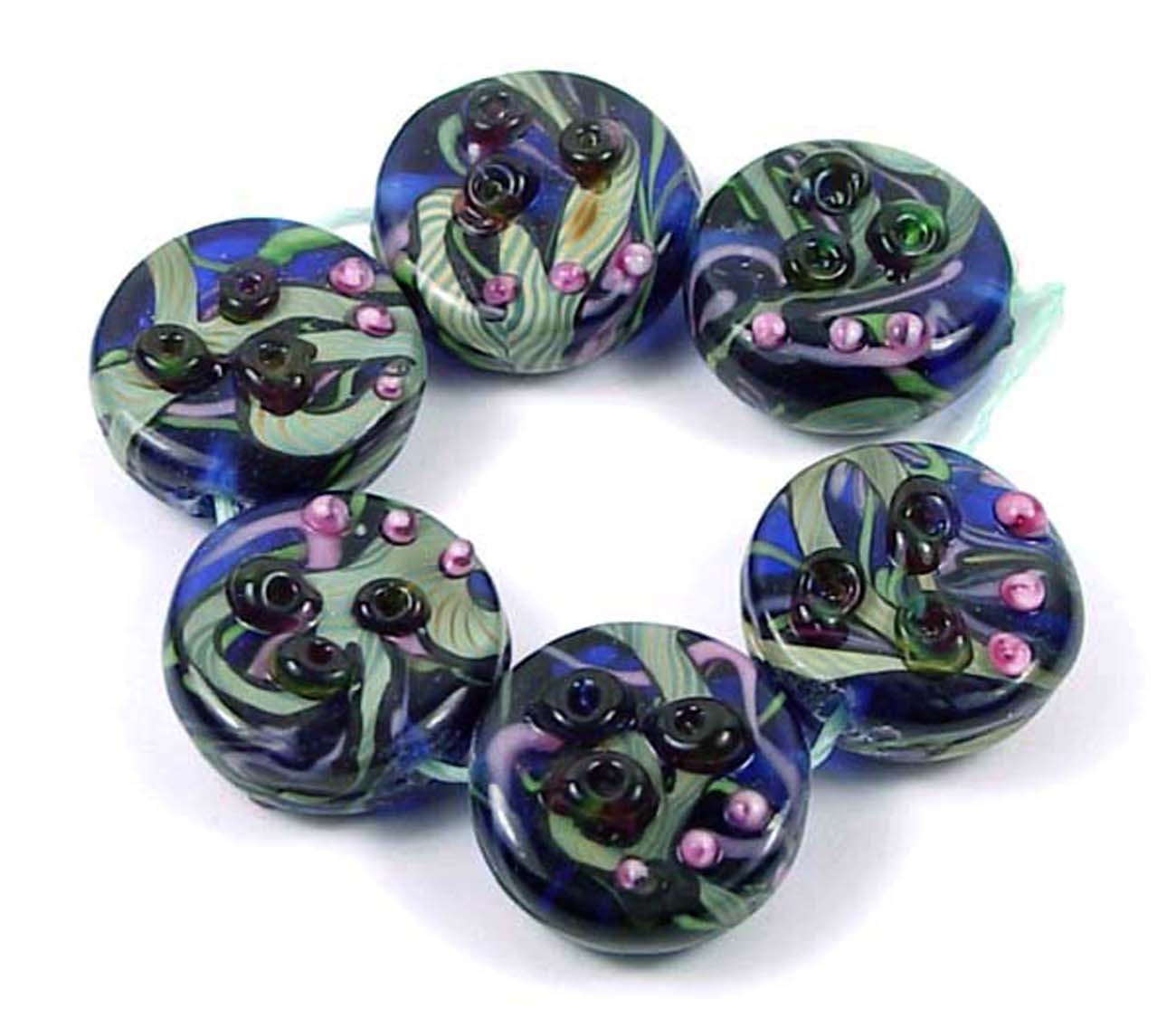 6 Handmade Lampwork Glass Blue Lace Disc Beads 20mm