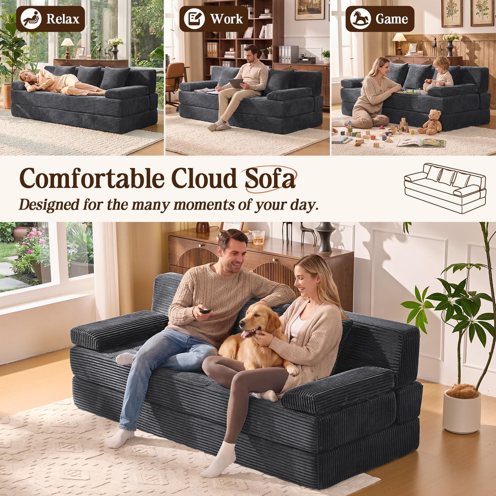 78.7IN Folding Sofa Bed - Convertible Sleeper Sofa Couch with Removable Pillo...