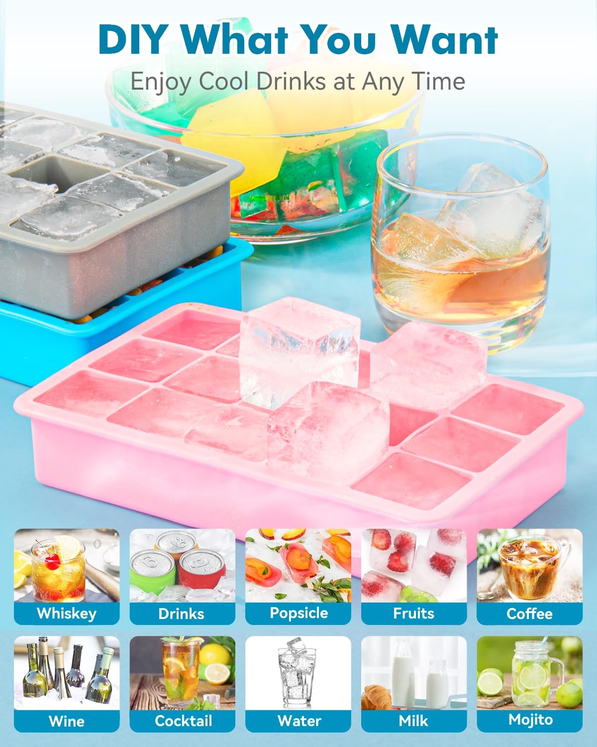 2 Pack Ice Cube Trays, ZDPMK Silicone Easy Release Flexible Molds 2 Set, Blue