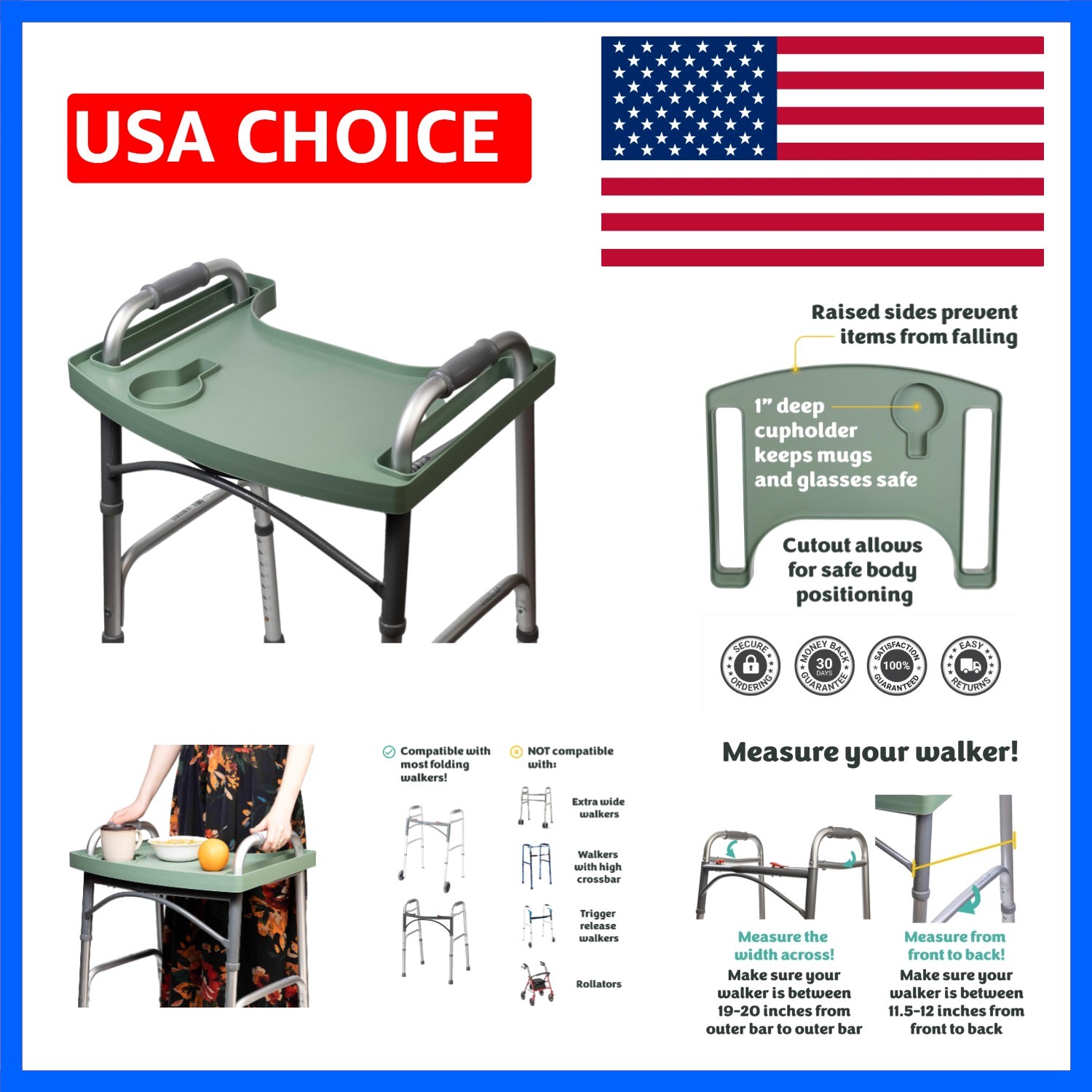 Green Walker Tray for Rolling Folding Walker, Tray Table with Cup Holder for ...