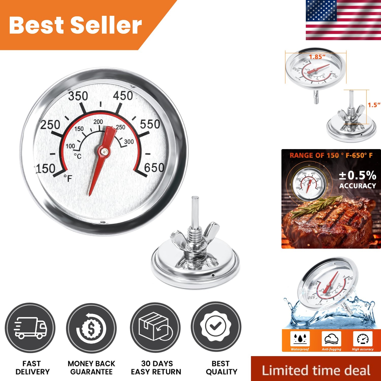 High Accuracy Waterproof Grill Thermometer for Char-Broil Models - 150°F-650°F
