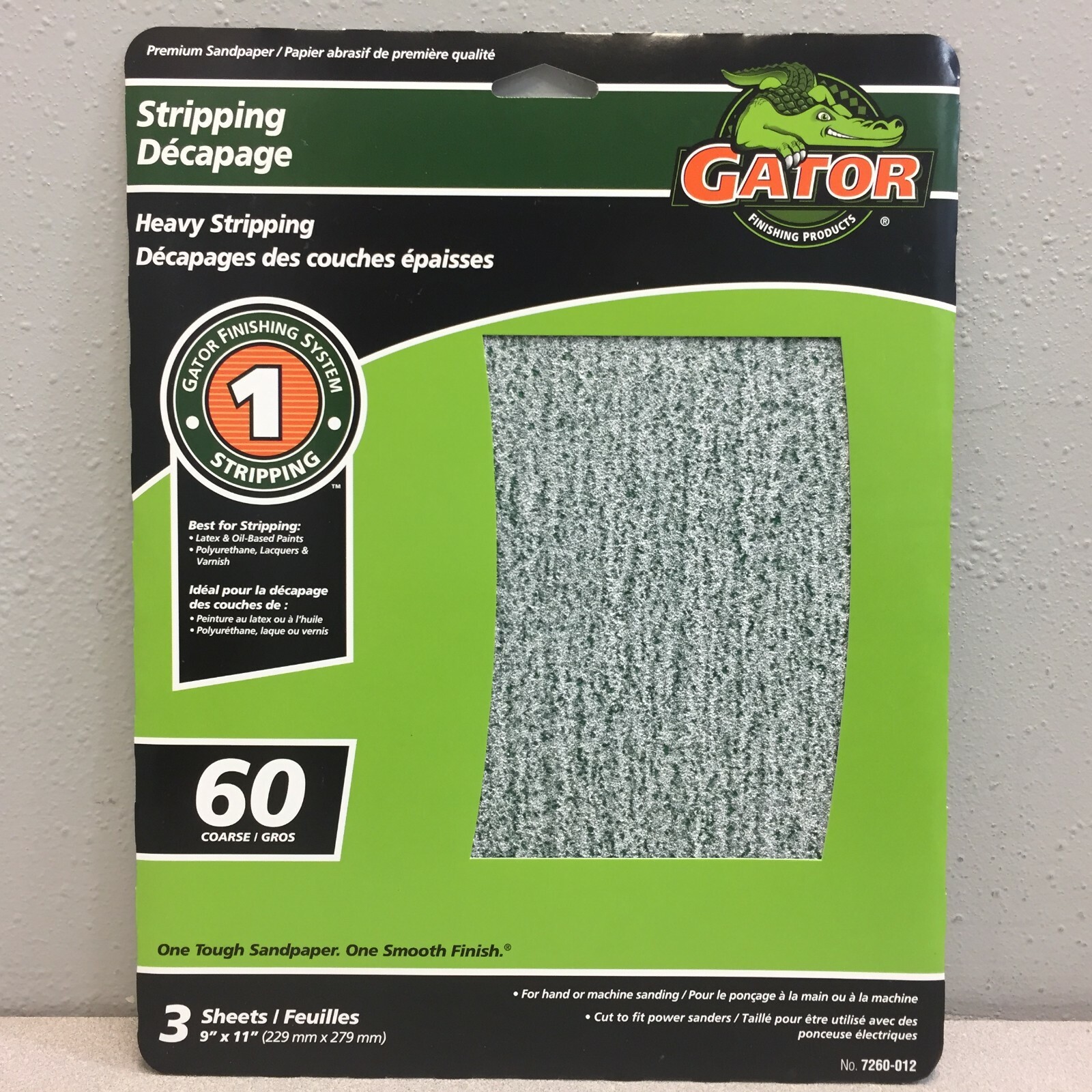 Gator 7260-012 60 Grit Step-1 Coarse Sandpaper for Heavy Stripping 11" x 9" 3 pk