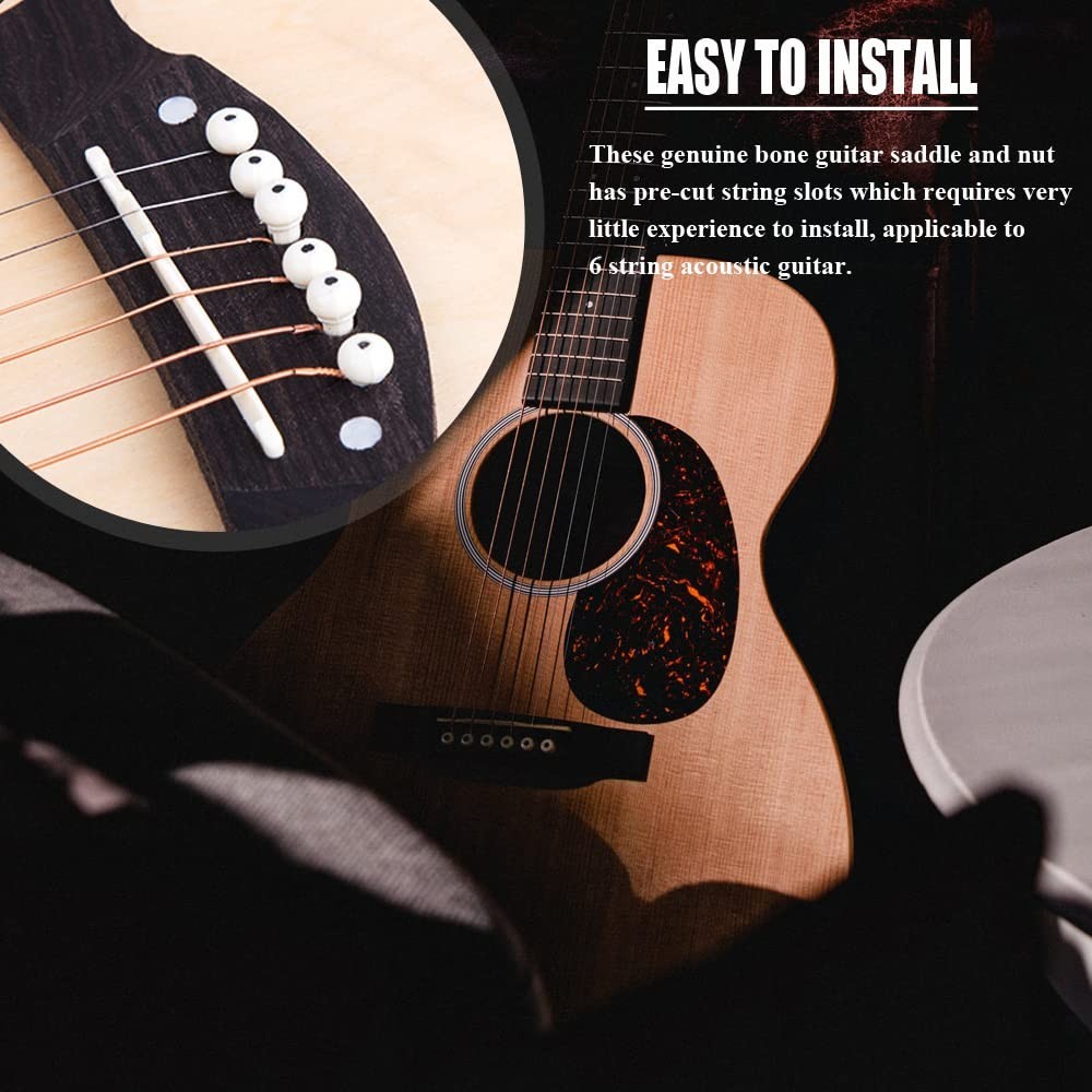 Easy Install Bone Bridge Saddle and Nut for 6 String Acoustic Guitar Replacement