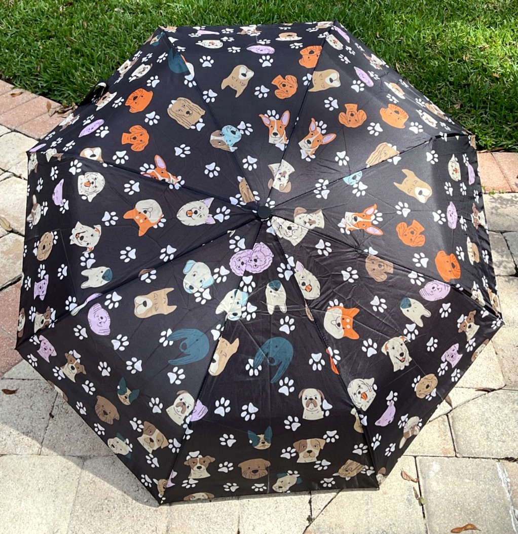 RAINY SKIES UMBRELLA BLACK AUTO OPEN CLOSE  DOGS 40 INCH CANOPY NWT