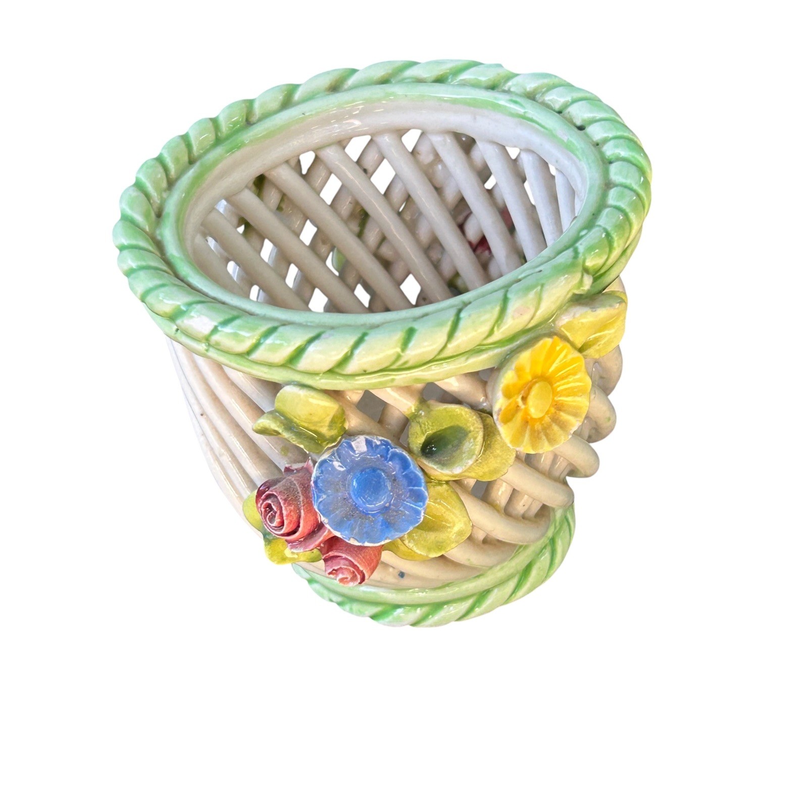 Italian Open Lattice Basketweave Applied Flowers Small Basket Vase
