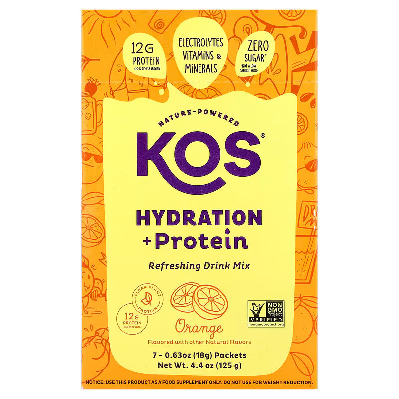 KOS NATURE-POWERED HYDRATION + Protein Drink Mix Orange 7 - 0.63oz (18g) Packets