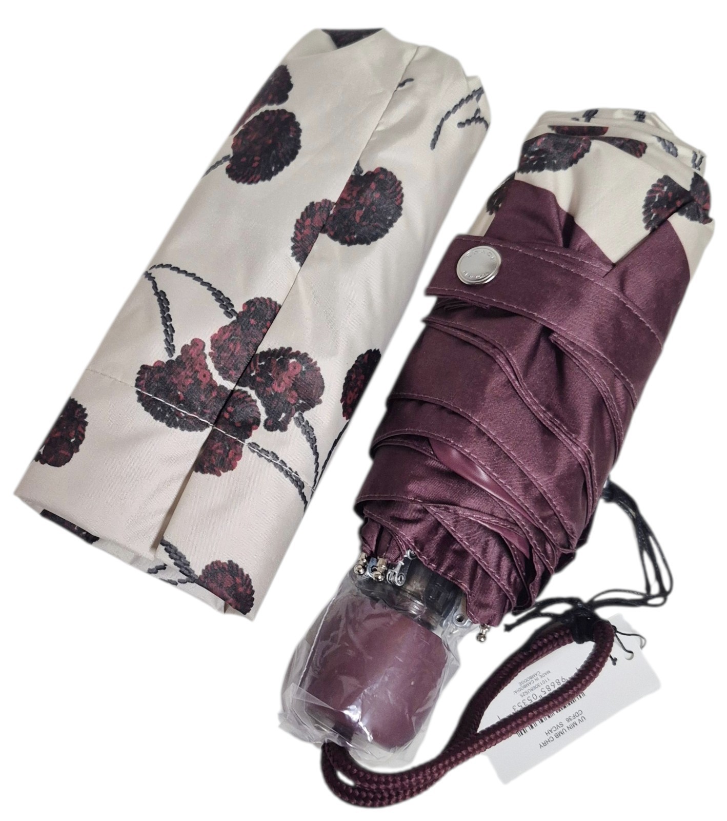 Coach UV Protection Mini Umbrella with Cherry Print Silver Chalk Multi CDF36 NWT