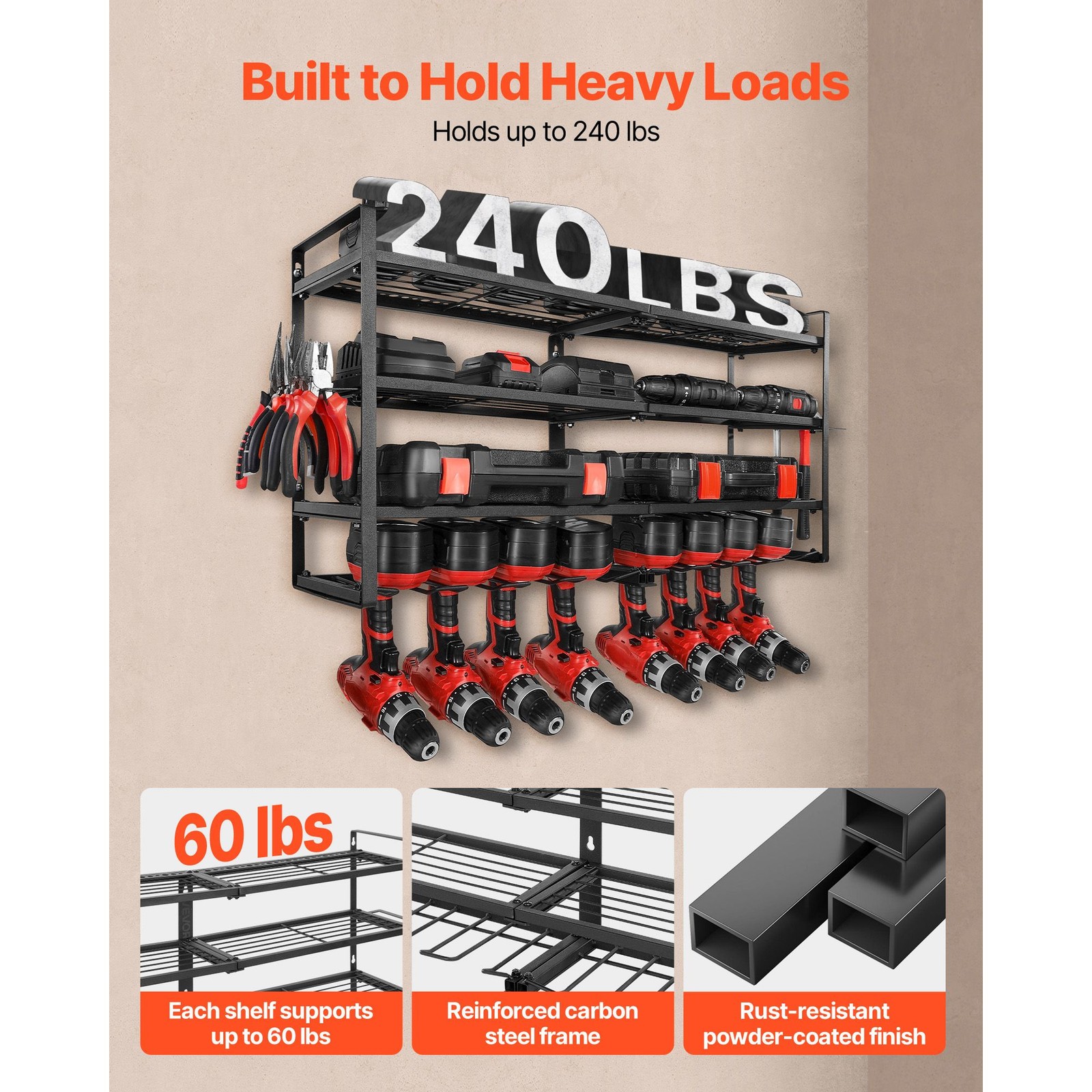 Power Tool Organizer Wall Mount, 4-Layer Storage Rack with 8 Drill Holders