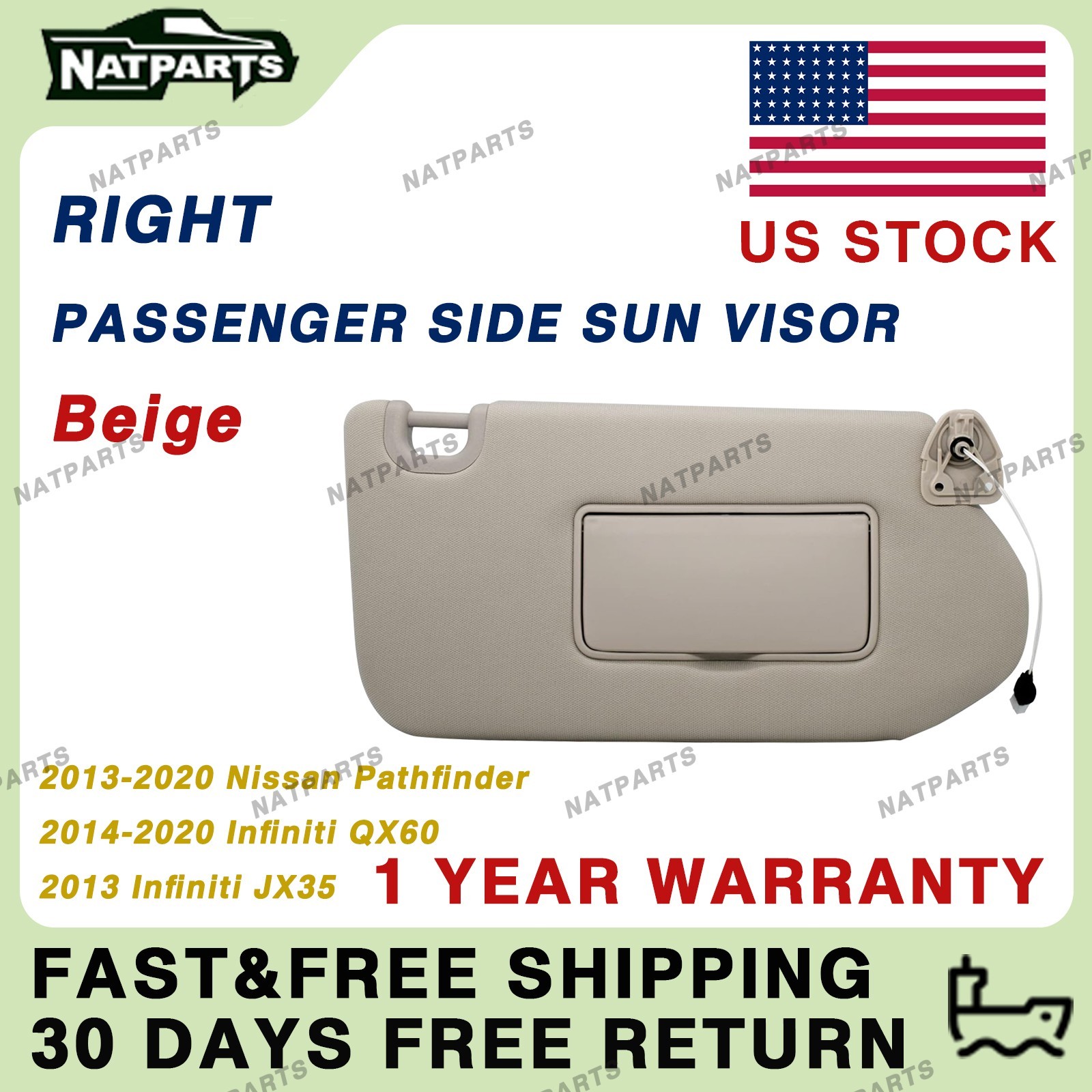 Right Passenger Side Sun Visor W/Light for 13-20 Infiniti QX60 96401-9PB0A