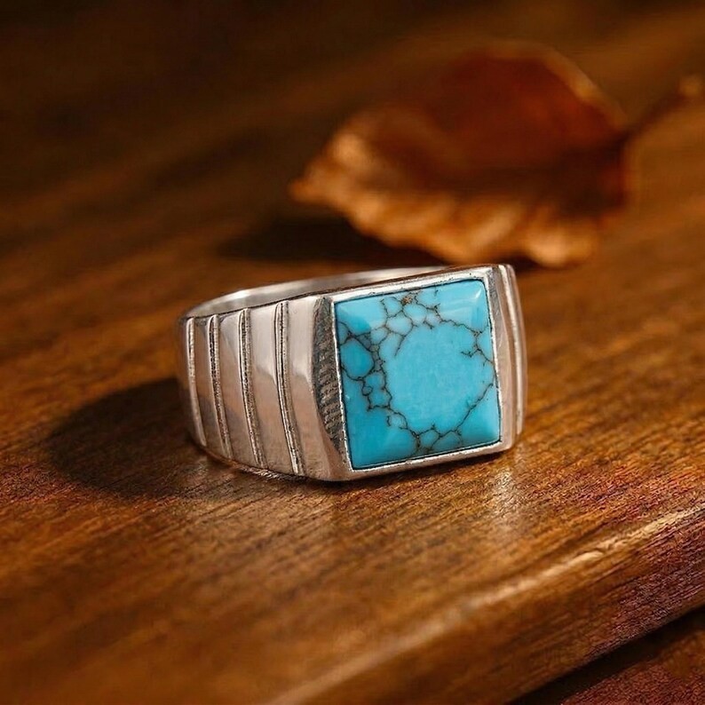 Men’s Turquoise Signet Ring 925 Sterling Silver Vintage Blue Stone Handmade