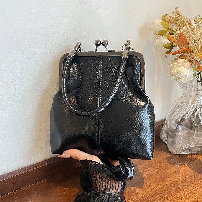 Vintage Black Kiss Lock Frame Bag Shoulder Crossbody Handbag Purse Retro Clutch
