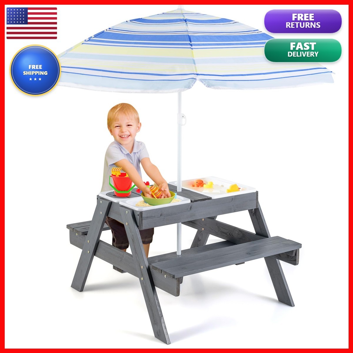 Costzon Kids Wooden Picnic Table 4 in 1 Sand Water Table Height Adjustable