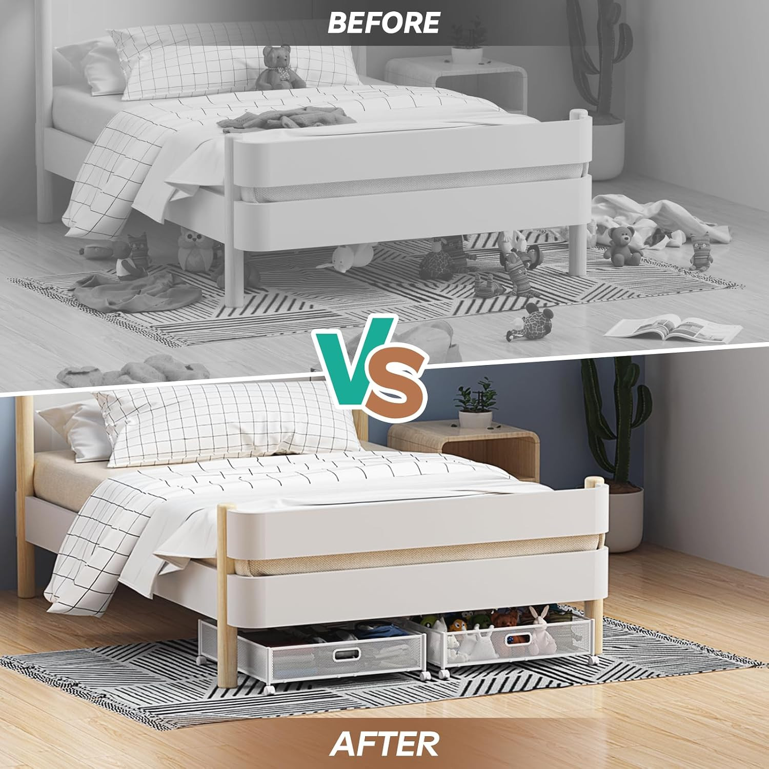 Under Bed Storage with Wheels & Handle,Metal,Large,4 Pack,White | Tool-Free Asse