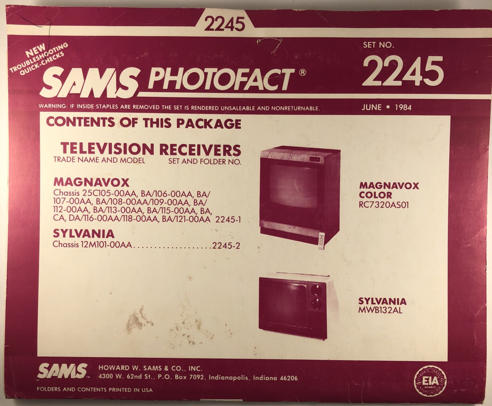 SAMS PHOTOFACT FOLDER SET NO. 2245, 1984, SCHEMATICS & SERVICE MANUALS